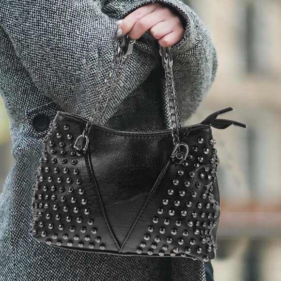 Studded Faux Leather Crossbody Bag Unisex with Chain and Rivets - Picture 3 of 9